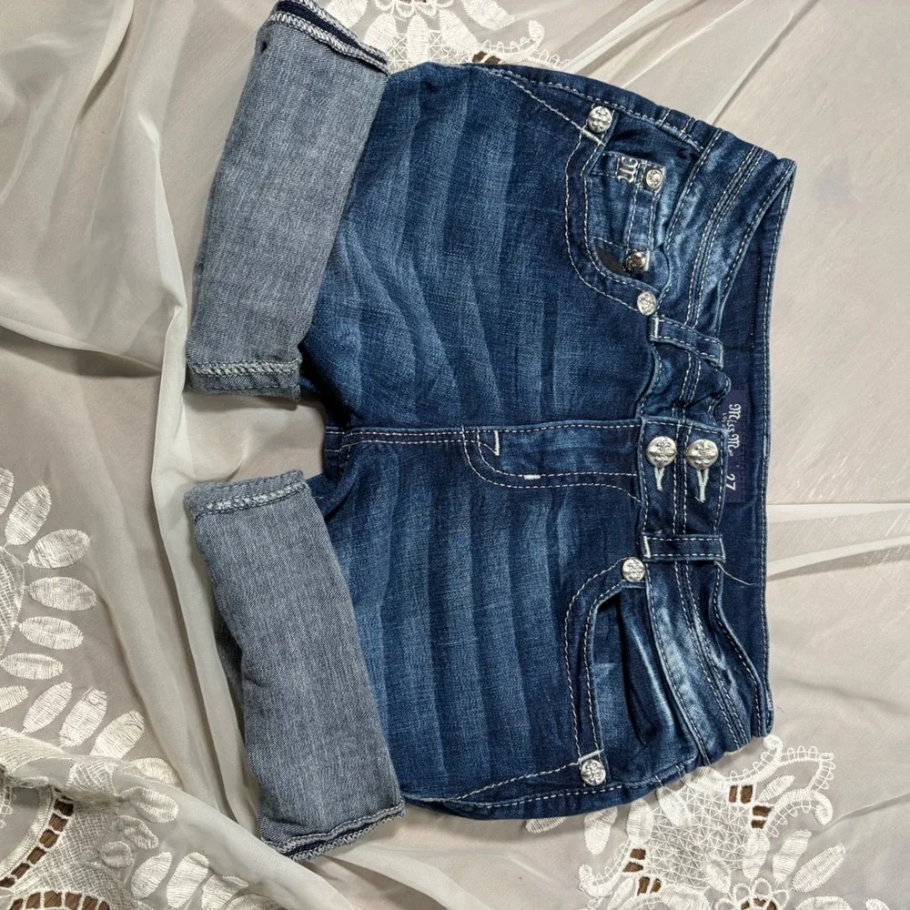 Y2K Mcbling Trashy Sleaze Miss Me Rhinestone Embellished Cuffed Denim Shorts 27